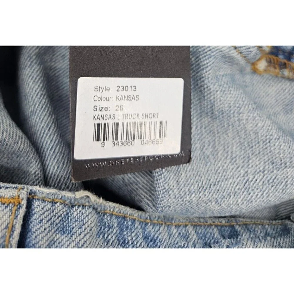 New One Teaspoon Denim Trucker Shorts Womens 26 Blue Long Line Destroyed Jeans